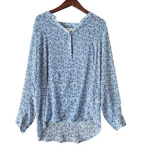 Liz Claiborne Blue Vintage Print Blouse Size‎ L Long Sleeve Half Button Popover